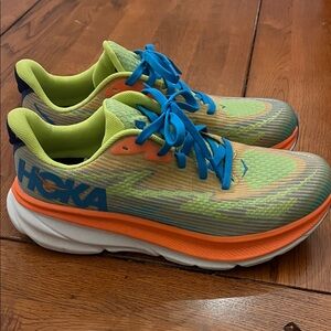 Hoka Clifton 9 Youth 5.5 Neon Green, Orange & Blue Road Running Shoes